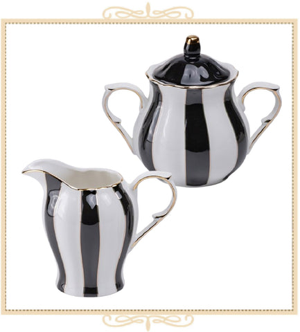 Black Stripe Gold Scallop Sugar and Creamer Set