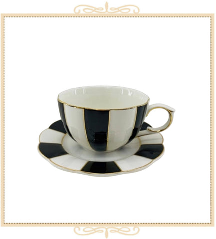 Black Stripe Gold Scallop Teacup and Saucer