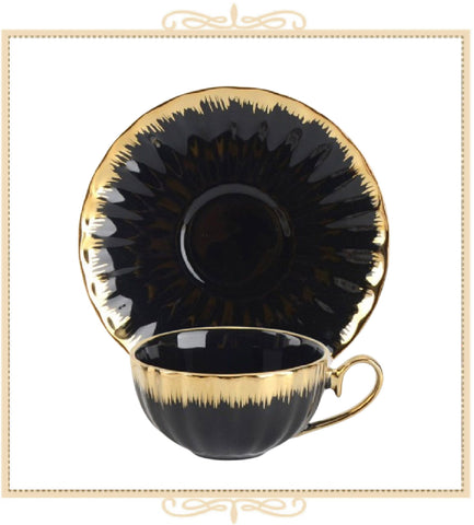 Gold Brushed Black Teacup and Saucer
