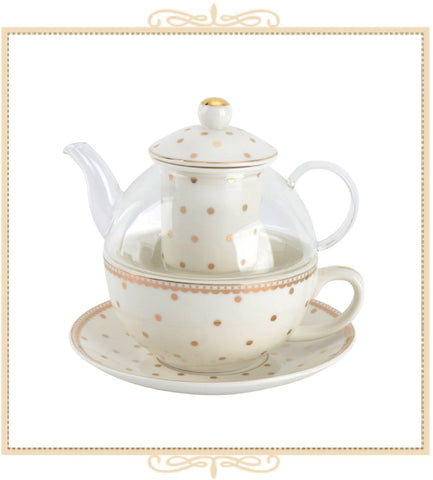 White Gold New Polka Dots Glass Tea for One 5 Piece Set