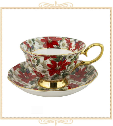Gold Poinsettia Chintz Teacup and Saucer