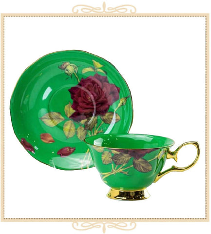 Green/Red Rose Gold Teacup and Saucer