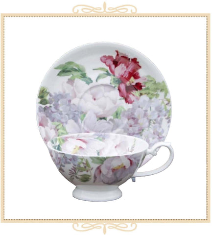 Peony Bloom White Bone China Teacup and Saucer