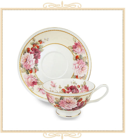 Peony and Strawberry Cream Teacup and Saucer