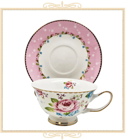 Blue Pink Rose Teacup and Saucer