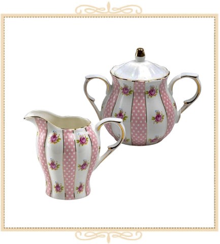 Pink Dots Roses Scallop Creamer and Sugar Set