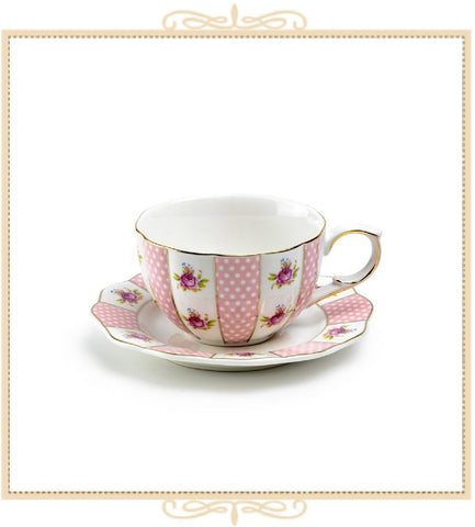 Pink Dots Roses Scallop Teacup and Saucer