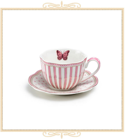 Pink Dots and Stripes Butterfly Teacup and Saucer