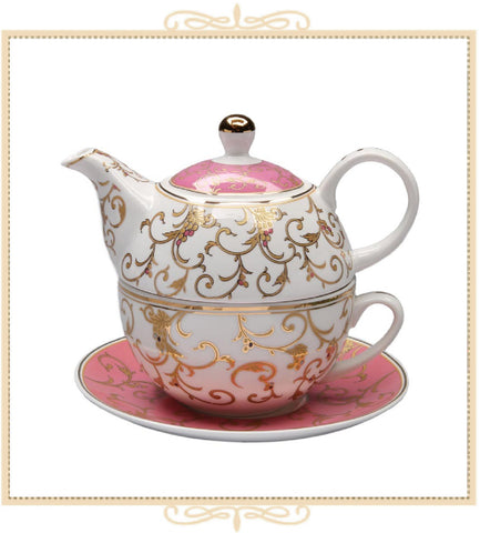 Pink/Gold Scroll 4 Piece Tea for One