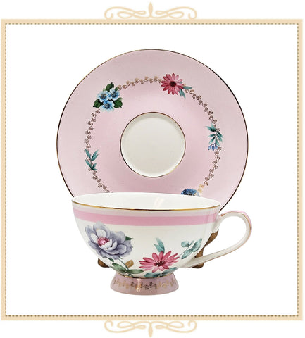 Pink with Lavender Flower Garden Teacup and Saucer