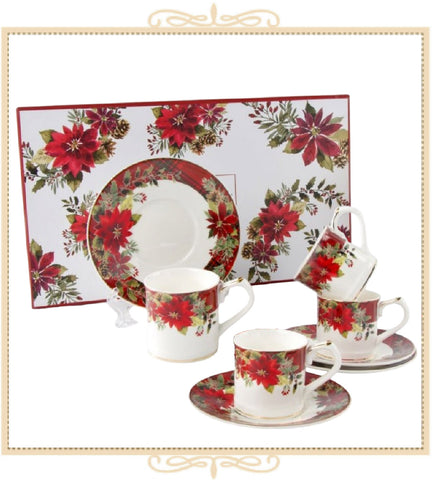 Poinsettia Demi Cups and Saucers, Set of 4 Gift Boxed