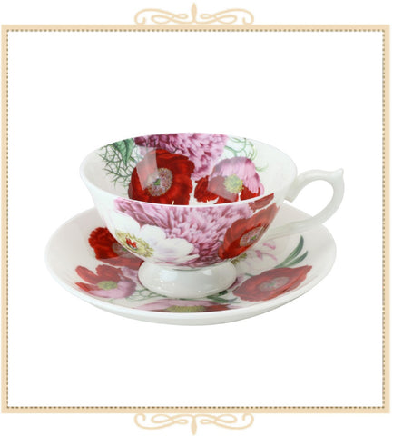 Red Poppy Bone China Teacup and Saucer
