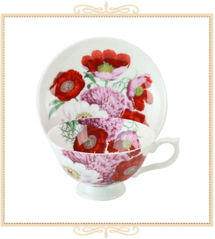 Red Poppy Bone China Teacup and Saucer