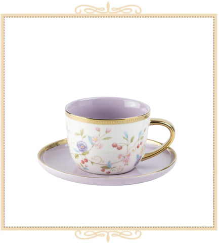 Purple Floral Gold Teacup and Saucer