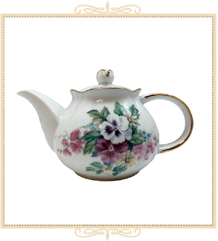 Queen Mary Signature 3-Cup Teapot White & Purple Pansies