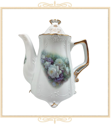 Queen Mary Signature Teapot White Roses With Purple Flowers