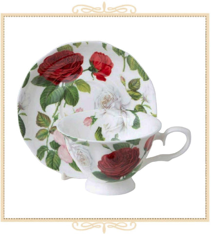 Red White Rose Bone China Teacup and Saucer