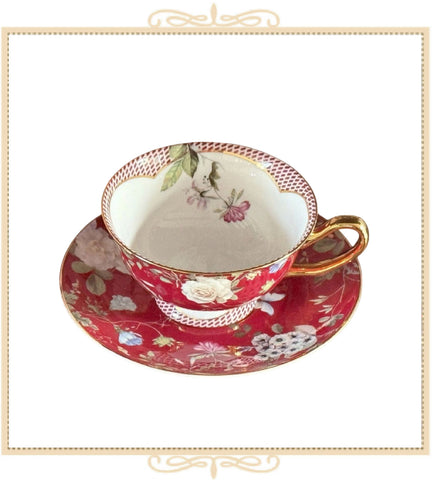 Rich Red Gold Floral Teacup and Saucer