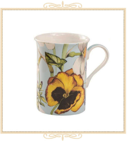 Summer Pansy Bone China Can Mug - Yellow Pansy on Blue