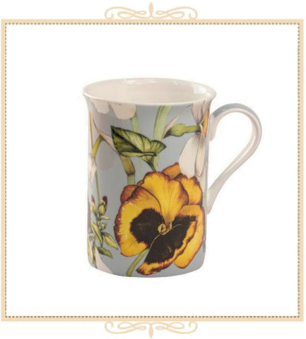 Summer Pansy Bone China Can Mug - Yellow Pansy on Grey