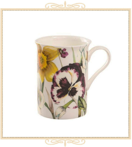 Summer Pansy Bone China Can Mug - Purple Pansy and Daffodil