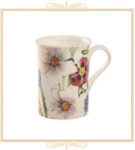 Summer Pansy Bone China Can Mug - White and Red Pansies