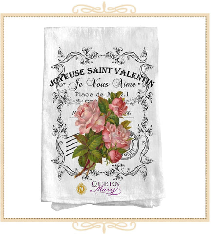 French Vintage Valentine Roses Flour Sack Cotton Tea Towel