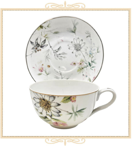 White Daisy Dragonfly Garden Teacup and Saucer