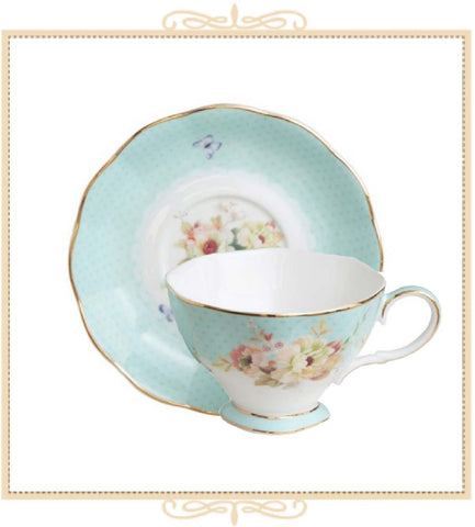 White Floral Blue Bone China Teacup and Saucer