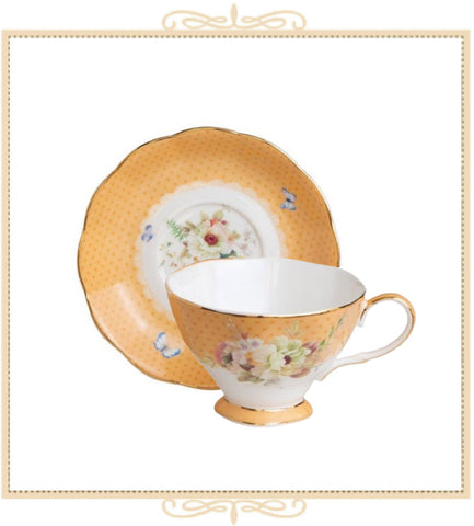 White Floral Yellow Bone China Teacup and Saucer