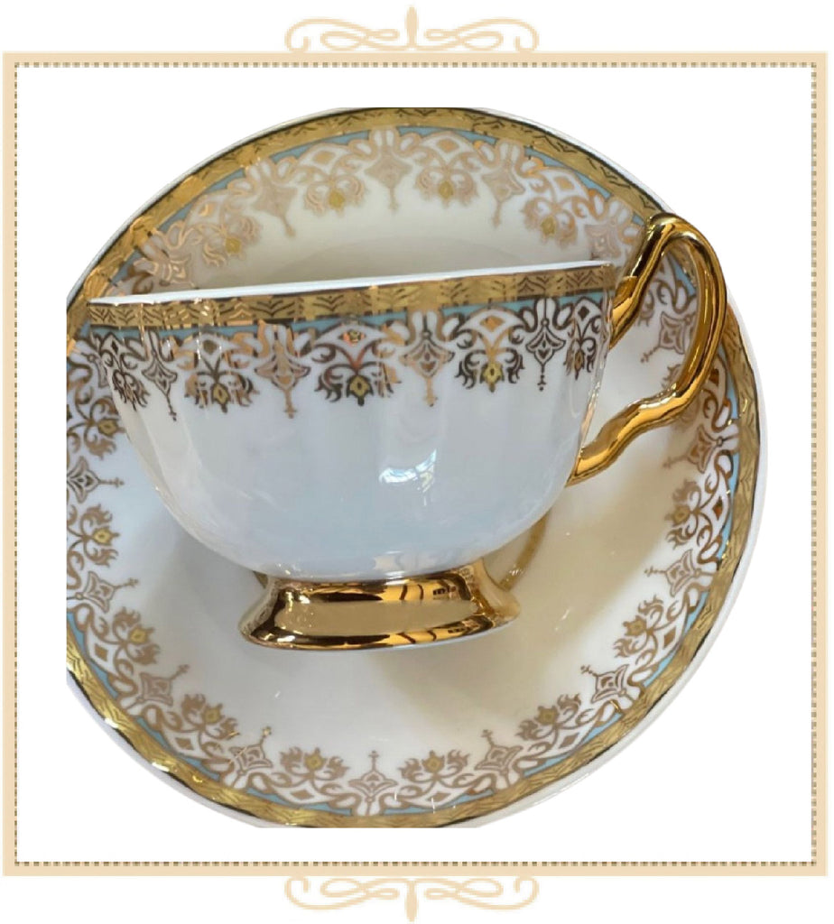 gold plant saucer White Gold Ornamental Border Teacup and Saucer