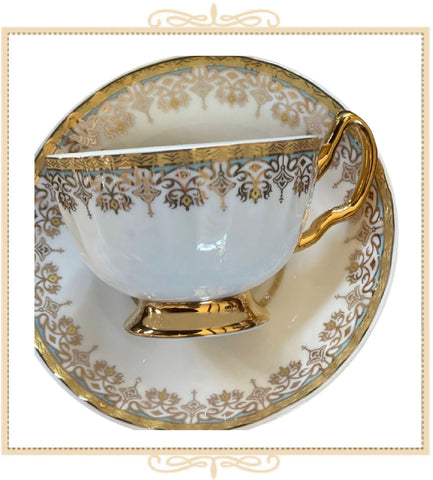 White Gold Ornamental Border Teacup and Saucer