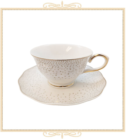 White Gold Spray Dots Teacup and Saucer