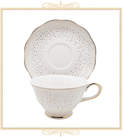 White Gold Spray Dots Teacup and Saucer
