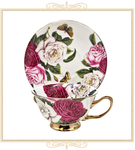 White Pink Rose Rich Gold Teacup and Saucer