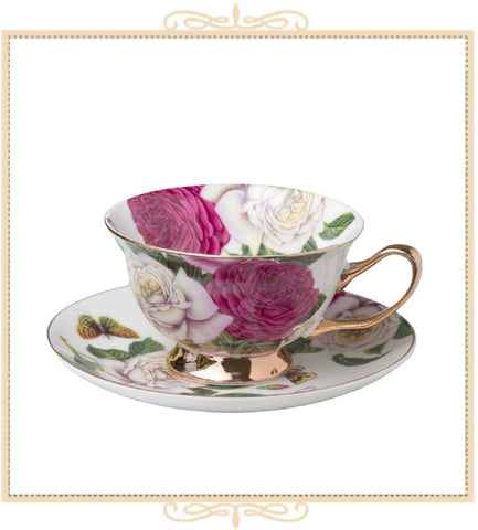 White Pink Rose Rich Gold Teacup and Saucer