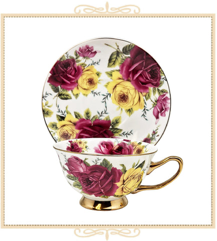 Yellow Pink Rose Rich Gold Teacup and Saucer