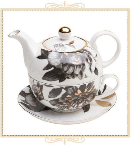 Black Gold Peony 4 Piece Tea for One Set