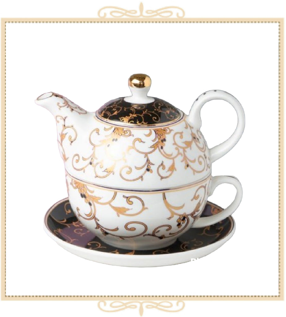 Black/Gold Scroll 4 Piece Tea for One | Queen Mary Tea