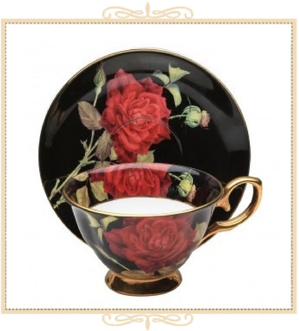 Black/Red Rose with Gold Teacup and Saucer