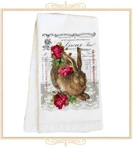 Vintage French Bunny Roses Spring Cotton Tea Towel