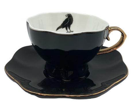 Black Crow Teacup and Saucer with Gold Handle