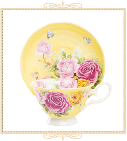 Floral Bouquet Yellow Teacup with Saucer
