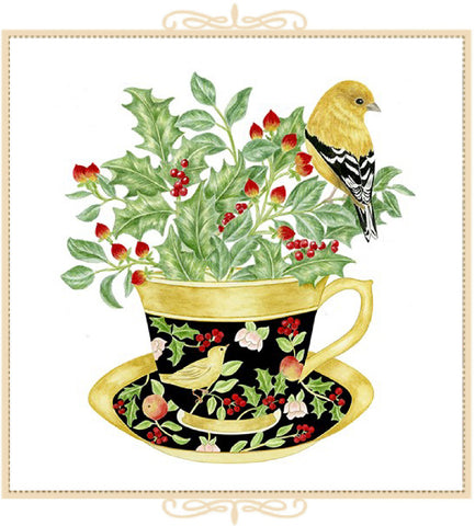 Holly Gold Teacup Tea Towel - Set of Two