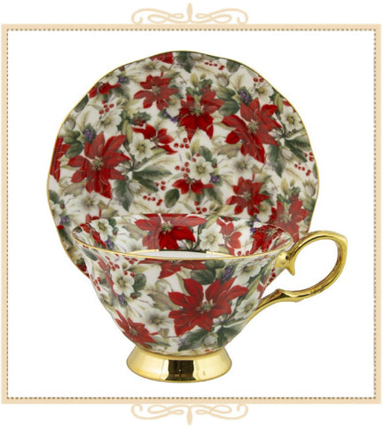 Gold Poinsettia Chintz Teacup and Saucer