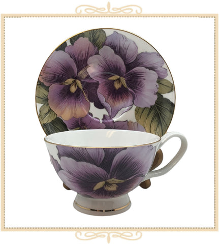 Golden Pansy Bloom Teacup and Saucer