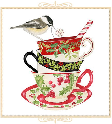 Holly Holiday Teacups Tea Towel