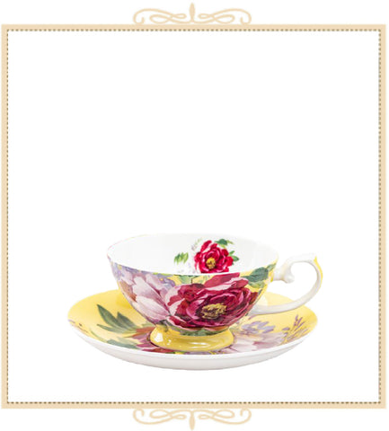 Peony Bloom Butter Bone China Teacup and Saucer