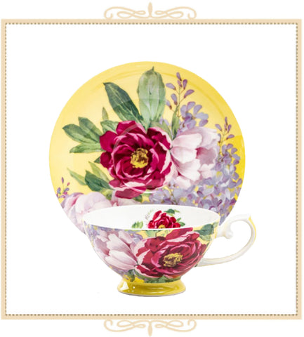 Peony Bloom Butter Bone China Teacup and Saucer