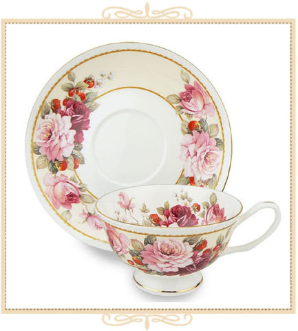 Peony and Strawberry Cream Teacup and Saucer
